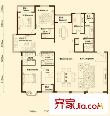 金洋華城戶型圖D1戶型 4室3廳3衛(wèi)1廚