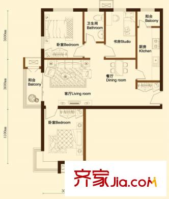 金洋華城戶型圖C2戶型 3室2廳1衛(wèi)1廚