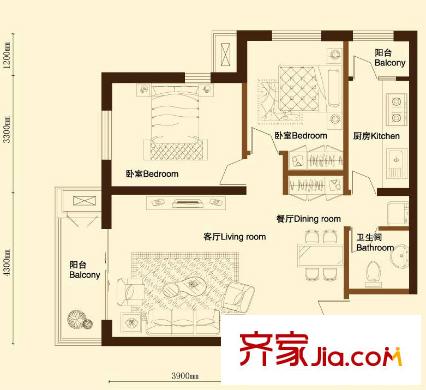 金洋華城戶型圖B1戶型 2室2廳1衛(wèi)1廚