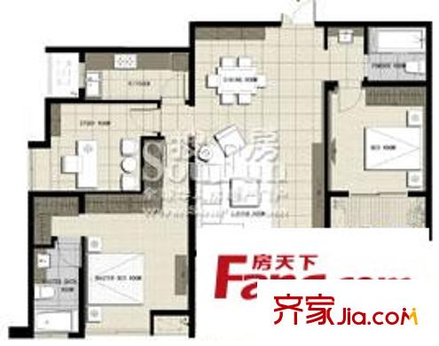 風(fēng)格城事 3室2廳1衛(wèi)1廚 戶型圖