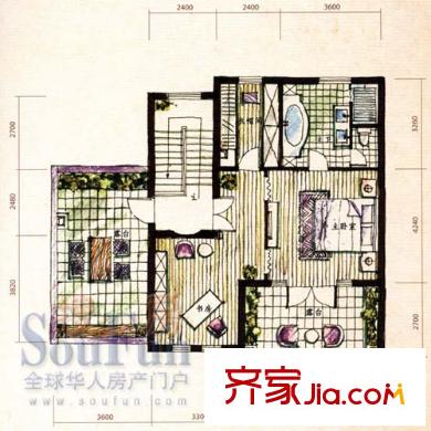 雅戈?duì)栂沩灋硠e墅 3室2廳1衛(wèi)1廚 戶型圖