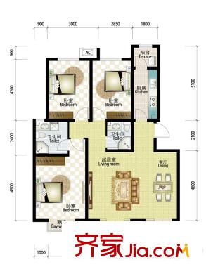 海泰海港花園A類洋房三層01、02戶型 3室2廳2衛(wèi)