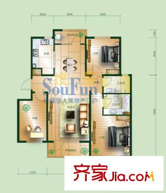 曹妃甸國際生態(tài)城萬年麗?；ǔ菓粜蛨DB戶型 3室2廳2衛(wèi)1廚