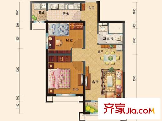 天津碧桂園泊麗灣二期高層標準層J465B戶型 2室2廳1衛(wèi)1廚