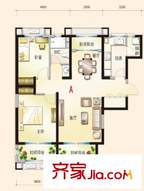 天津碧桂園高層標準層J81A戶型 2室2廳1衛(wèi)1廚