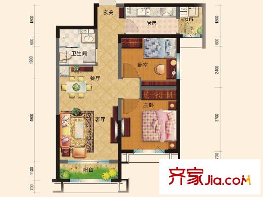 天津碧桂園泊麗灣二期高層標準層J465C戶型 2室2廳1衛(wèi)1廚