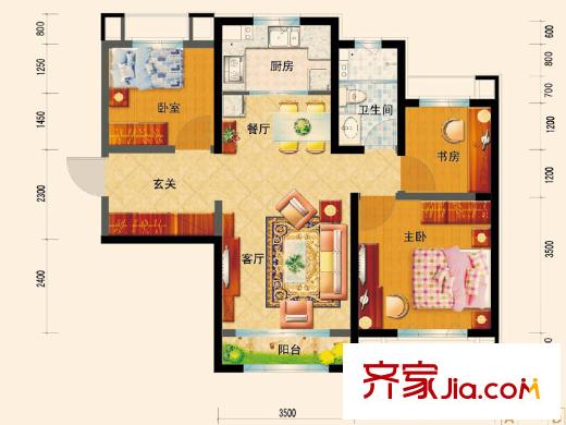 天津碧桂園泊麗灣二期高層標準層J465D戶型 3室2廳1衛(wèi)1廚