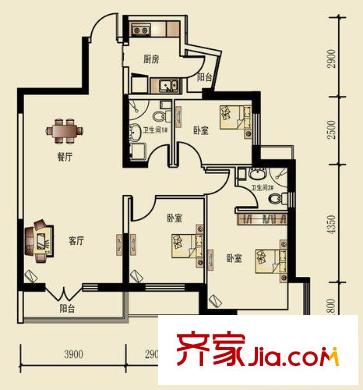 城市名居戶型圖2號樓B4戶型 3室2廳2衛(wèi)