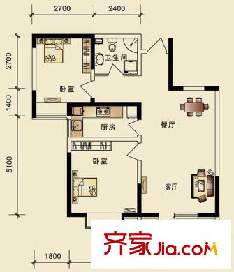 城市名居戶型圖1號樓A2戶型 2室2廳1衛(wèi)
