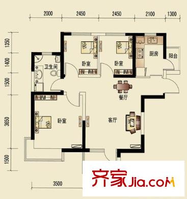 城市名居戶型圖4號樓D1戶型 3室1廳1衛(wèi)