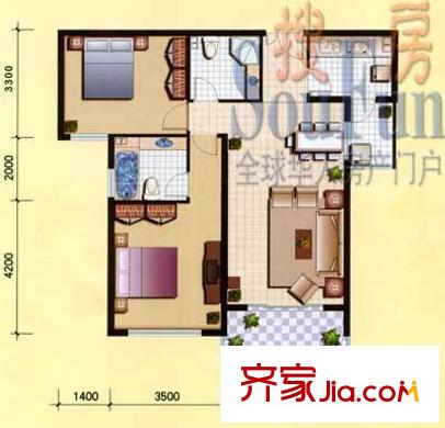 逸翠園戶型圖2室2廳2衛(wèi)1廚