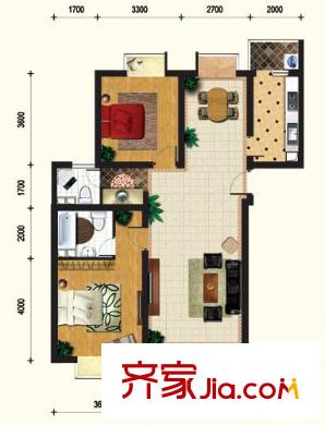 壹街區(qū)戶型圖四期1#樓1門6-12層01戶型 2室2廳2衛(wèi)1廚