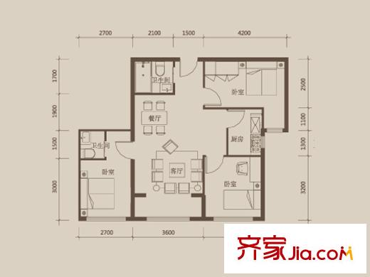 盛唐國際購物中心戶型圖F戶型 3室2廳2衛(wèi)1廚