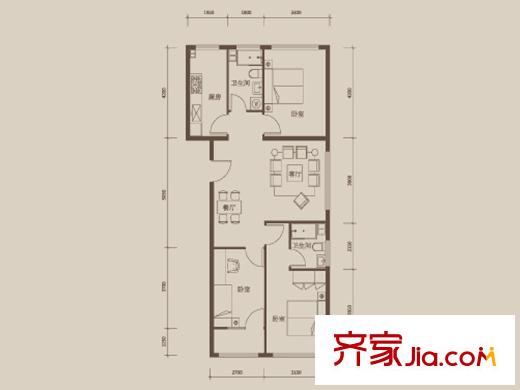 盛唐國際購物中心戶型圖板樓A戶型 3室2廳2衛(wèi)1廚