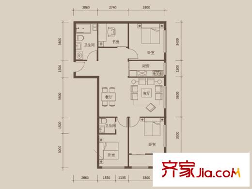 盛唐國際購物中心戶型圖D戶型 4室2廳2衛(wèi)1廚