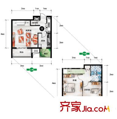 天房翠海紅山戶型圖小高層標(biāo)準(zhǔn)層H戶型(躍層) 2室1廳2衛(wèi)1廚