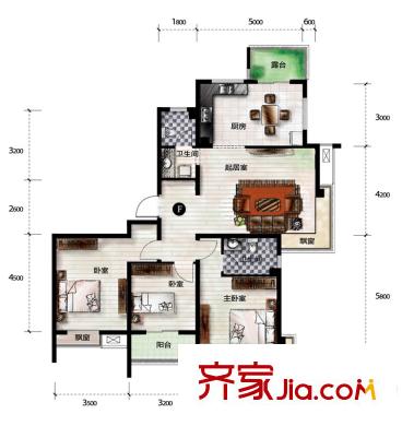 天房翠海紅山戶型圖小高層標(biāo)準(zhǔn)層F戶型 3室2廳2衛(wèi)1廚