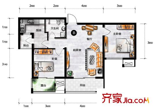 天房翠海紅山戶型圖小高層標(biāo)準(zhǔn)層B戶型 2室1廳1衛(wèi)1廚