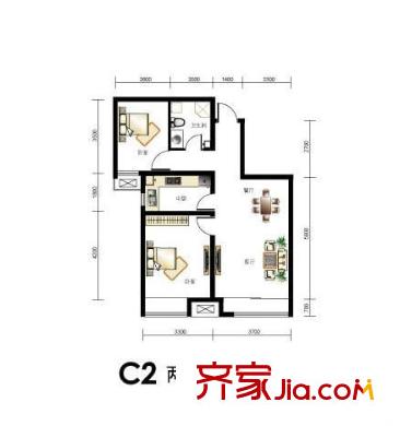 首創(chuàng)國際城戶型圖C2戶型 2室2廳1衛(wèi)