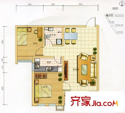 六合軒府戶型圖2號(hào)樓標(biāo)準(zhǔn)層C戶型 2室2廳1衛(wèi)1廚