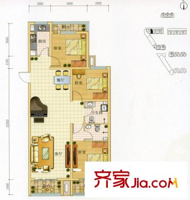 六合軒府戶型圖2號(hào)樓標(biāo)準(zhǔn)層D戶型 3室2廳2衛(wèi)1廚
