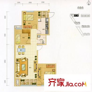 六合軒府戶型圖2號樓標(biāo)準(zhǔn)層A戶型 3室2廳1衛(wèi)1廚
