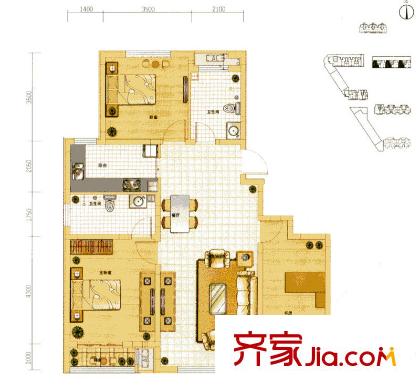 六合軒府戶型圖3號(hào)樓標(biāo)準(zhǔn)層N戶型 3室2廳2衛(wèi)1廚