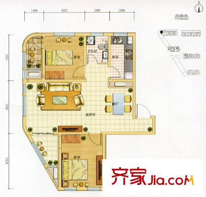 六合軒府戶型圖2號樓標(biāo)準(zhǔn)層B戶型 2室2廳1衛(wèi)1廚