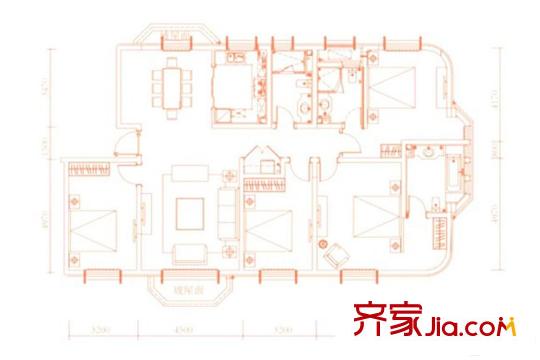 貝肯山洋房標準層K戶型 4室2廳3衛(wèi)1廚