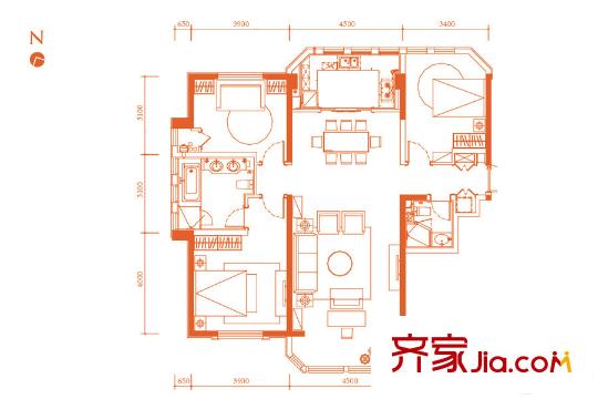 貝肯山二期高層標準層A戶型 3室2廳2衛(wèi)1廚