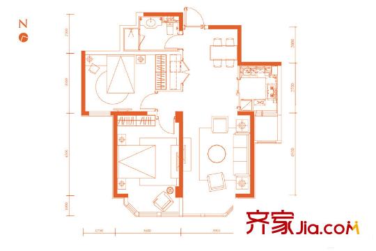 貝肯山二期高層標準層B戶型 2室2廳1衛(wèi)1廚