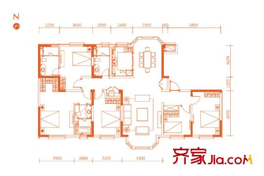 貝肯山二期洋房4號樓5-6層B戶型 5室2廳3衛(wèi)1廚
