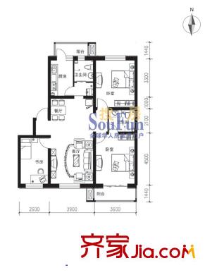 濱湖莊園戶型圖E戶型 3室2廳2衛(wèi)1廚