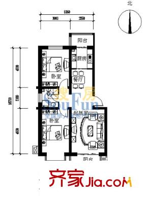 濱湖莊園戶型圖B2戶型圖 2室2廳1衛(wèi)1廚
