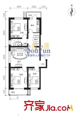 濱湖莊園戶型圖F戶型 3室2廳1衛(wèi)1廚