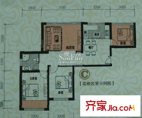 瑞景國(guó)際公館戶型圖CA戶型 3室1廳1衛(wèi)1廚
