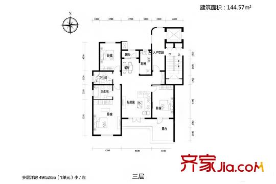 吉寶沁風(fēng)御庭多層洋房1單元標(biāo)準(zhǔn)層（小/左）3層戶(hù)型 3室2廳2衛(wèi)1廚