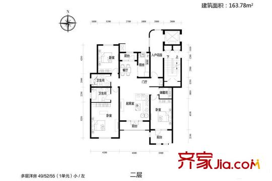 吉寶沁風(fēng)御庭多層洋房1單元標(biāo)準(zhǔn)層2層（小/左）戶(hù)型 3室2廳2衛(wèi)1廚