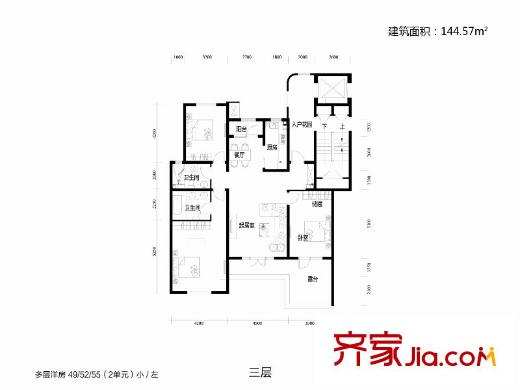 吉寶沁風(fēng)御庭多層洋房2單元3層（小/左）戶(hù)型圖 2室2廳2衛(wèi)1廚