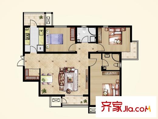 君悅府一期高層標準層A戶型 3室2廳2衛(wèi)1廚