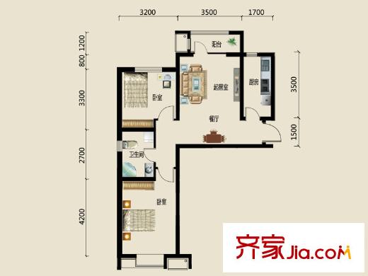 中鐵濱海欣城5號樓標準層c-01戶型 2室2廳1衛(wèi)1廚