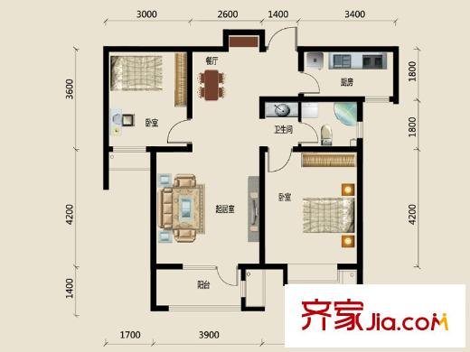 中鐵濱海欣城6號樓標準層F-01戶型 2室2廳1衛(wèi)1廚