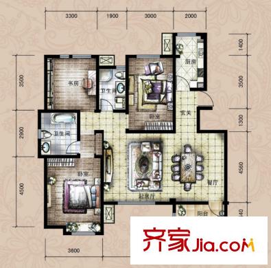 世嘉洋房37、38號(hào)樓四層H2戶型 3室2廳2衛(wèi)1廚