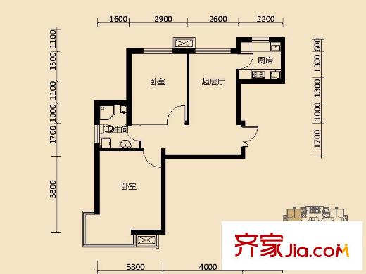 狀元城一期小高標(biāo)準(zhǔn)層A戶型 2室1廳1衛(wèi)1廚