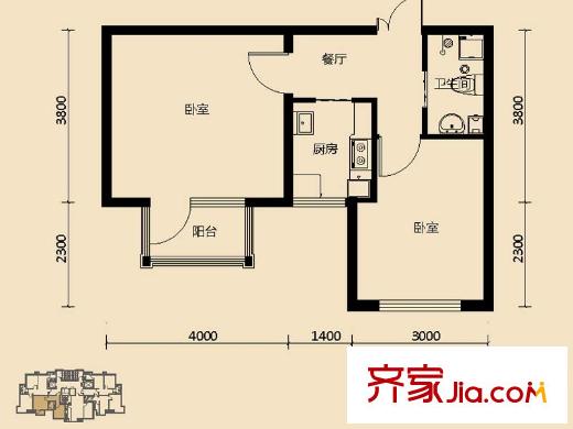 狀元城一期小高標(biāo)準(zhǔn)層B戶型 2室1廳1衛(wèi)1廚