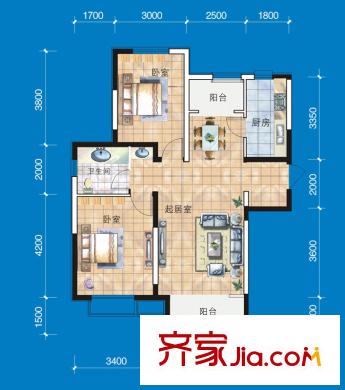 溪谷港灣一期37號樓標(biāo)準(zhǔn)層2室戶型 2室1廳1衛(wèi)1廚