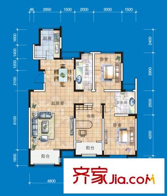 溪谷港灣一期38號樓標(biāo)準(zhǔn)層3室戶型 3室2廳2衛(wèi)1廚