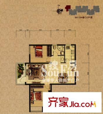 裕祥園戶(hù)型圖9#10#樓1-30層C2戶(hù)型 2室2廳1衛(wèi)1廚