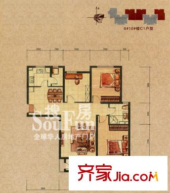 裕祥園戶型圖9#10#樓1-30層C1戶型 3室2廳1衛(wèi)1廚