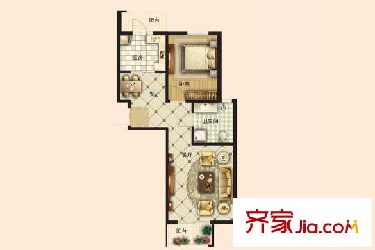 心港東城名都高層標(biāo)準(zhǔn)層A3戶型 1室2廳1衛(wèi)1廚